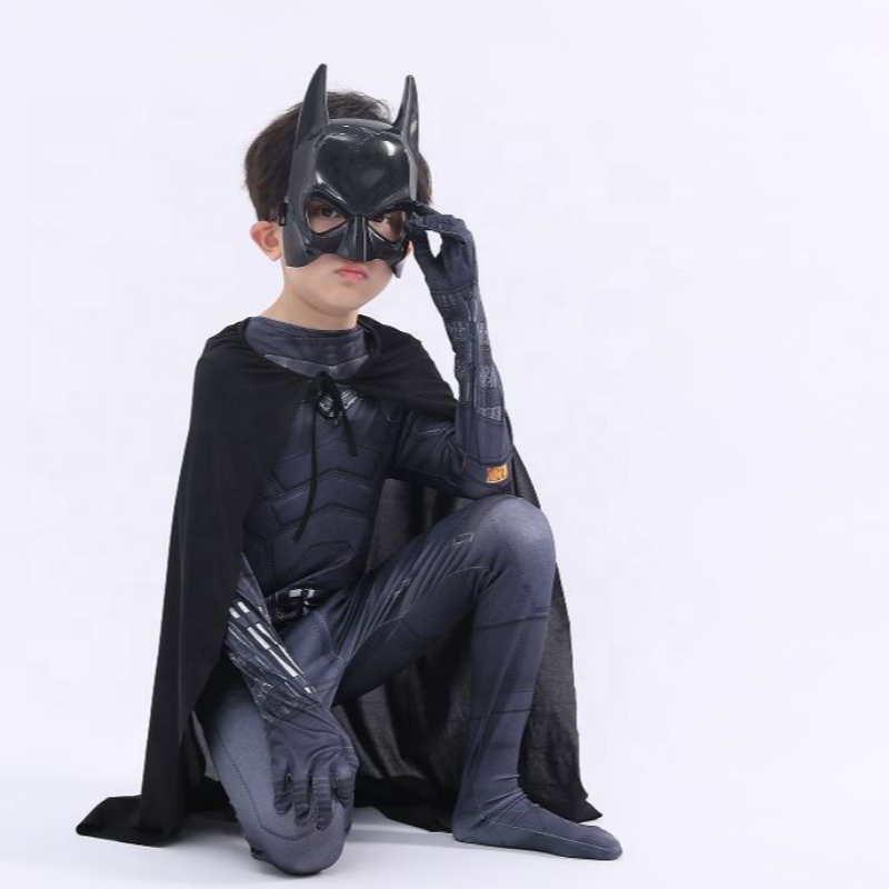 새로운 스타일 블랙 바디 수트 할로윈 어린이 슈퍼 히어로 의상 코스프레 영화 의상 Pattinson The Bat Man with Cape&Mask