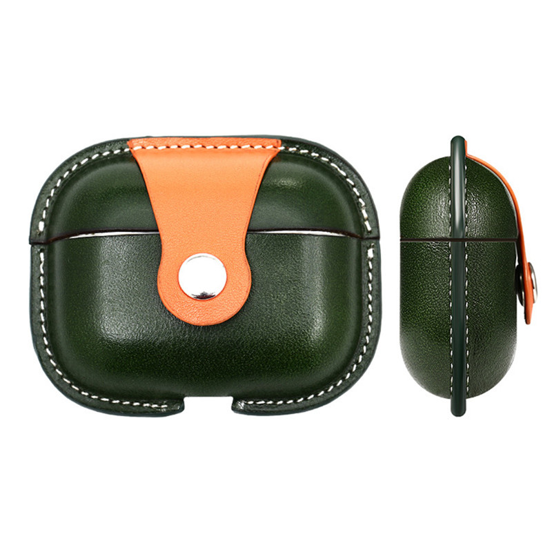 새로운 Apple AirPods Pro2 보호 케이스, 군사 녹색 매칭 송아지 스킨 통합 보호 케이스, 블루투스 헤드셋 케이스 충돌 저항 가죽 케이스