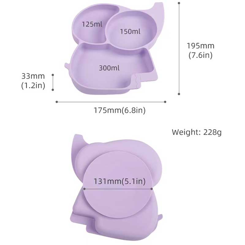 아기를위한 흡입판 실리콘 코끼리 접시 유아용 보완 음식 세트 코끼리 BPA 무료 베이비 디너 그릇 실리콘 사용자 정의 컬러 수용 가능한 저녁 식사는 어린이를위한 분할 된 접시