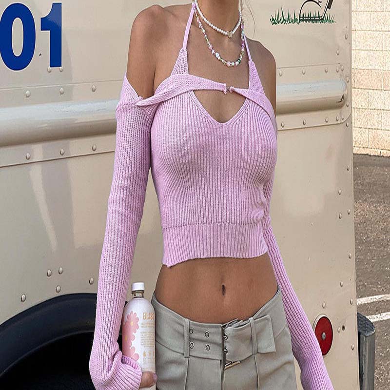 공장 커스토랑 2023 여름 핑크 대 목 불규칙한 고삐 목 긴 소매 섹시한 패션 짧은 니트 여성 \\ '스웨터