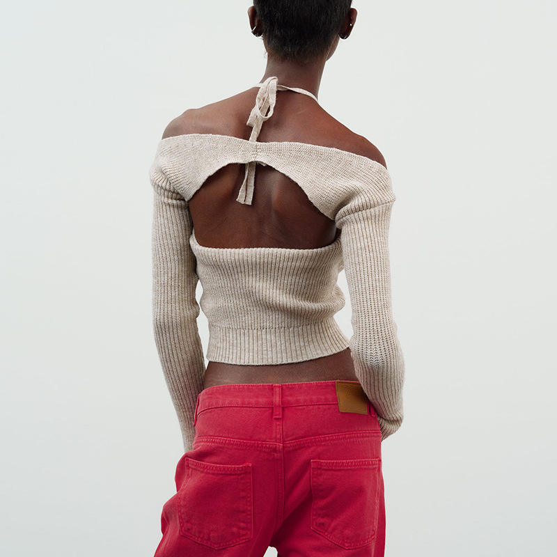 공장 커스토랑 2023 여름 핑크 대 목 불규칙한 고삐 목 긴 소매 섹시한 패션 짧은 니트 여성 \\ '스웨터