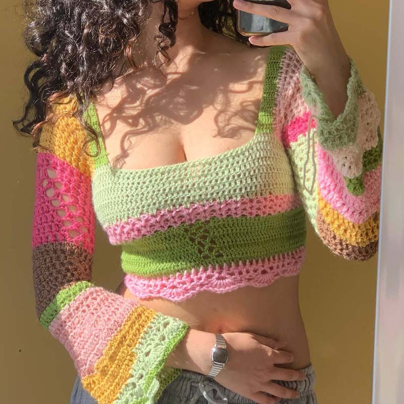 여성용 코바늘 니트 메쉬 스웨터 네모난 칼라 긴 소매 배색 투피스 재단 상의 상의 상의 무등 끈 티셔츠 스웨터