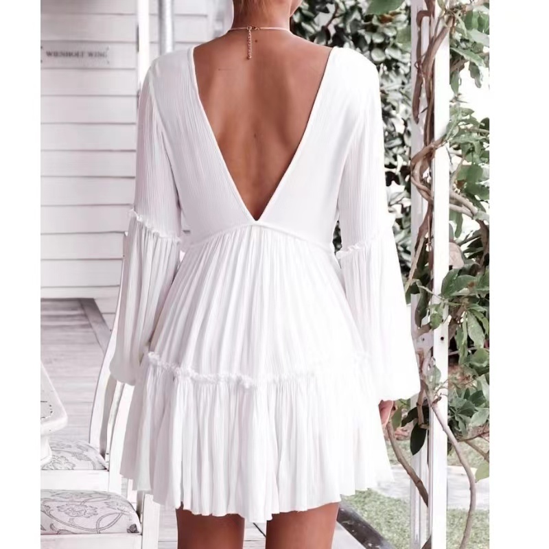 여름 패션 흰색 v-neck 랜턴 슬리브 느슨한 여자 드레스