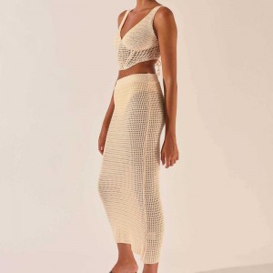 2023 New Women \\\\ \'의 의류 크로 셰 뜨개질 중공 뜨개질 v- 넥 슬매 소매 조끼 농작물 탑 섹시 힙 ​​스커트 2 조각 정장 드레스 스웨터