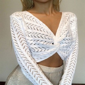 흰색 V- 넥 풀버가 긴 슬리브 패션 쇼 얇은 섹시한 니트 여성 \\\\ \'Sweater