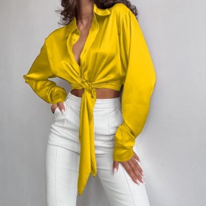 캐주얼 실크 새틴 텍스처 라펠 긴팔 상단