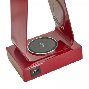 빨간색 마감재, USB 충전 포트, 무선 충전소 및 ON/OFF 로커 스위치가있는 작은 데스크 램프