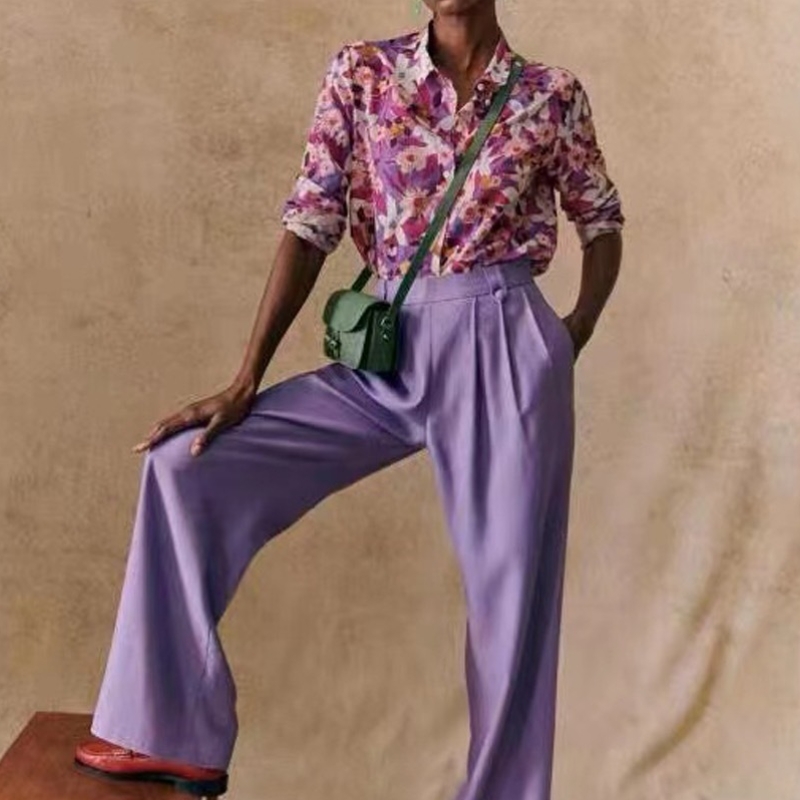 새로운 프랑스 우아한 현대 인쇄 패턴 흐름 실크와면 혼합 긴팔 얇은 셔츠