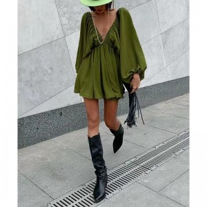 레트로 디자인 캐주얼 바람 v- 넥 단색 블라우스 가을 뉴 랜턴 슬리브 하이 허리 기질 드레스 암시