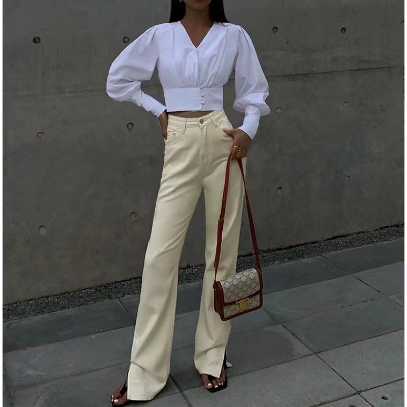 흰색 V 넥 긴팔 셔츠 여성 디자인 감각 틈새 시장 새로운 얇은 랜턴 슬리브 탑