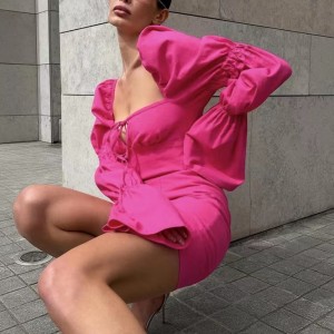 섹시한 정사각형 목 랩 힙 ​​퍼프 슬리브 드레스