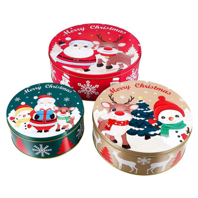 크리스마스 선물 상자 3 피스 라운드 박스 쿠키 포장 상자 크리스마스 틴 박스 제조업체 커스텀 틴 박스