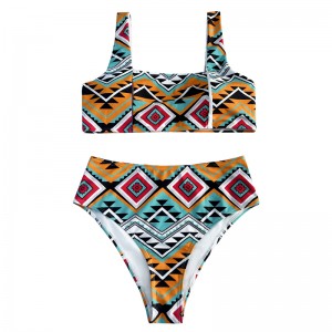 캐주얼하고 편안한 플로럴 전국 스타일 백 중공 넓은 스트랩 조끼 스타일 2 피스 수영복