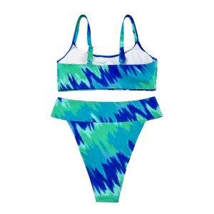 넓은 스트랩이있는 청록색 인쇄 2 피스