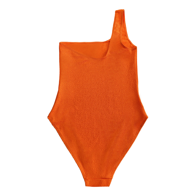 오렌지 주름 장식 직물 원 숄더 섹시한 원피스 수영복