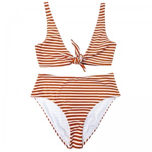 오렌지 오렌지 흰색 스트립 넓은 어깨 보우 편안한 높은 허리 2 피스 수영복