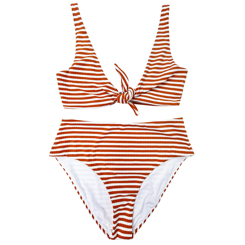 오렌지 오렌지 흰색 스트립 넓은 어깨 보우 편안한 높은 허리 2 피스 수영복