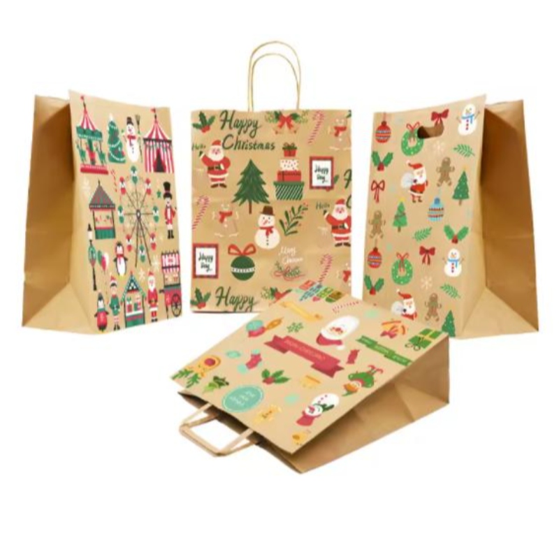 트위스트 핸들이있는 크리스마스 종이 가방 브라운 자체 배지 도매지 가방이있는 맞춤형 축제 선물 가방