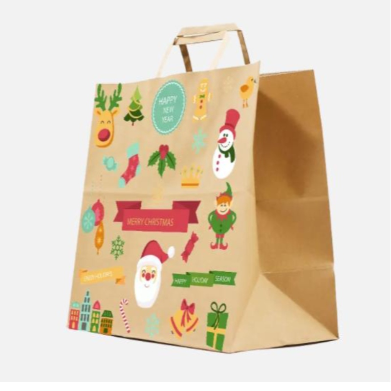 트위스트 핸들이있는 크리스마스 종이 가방 브라운 자체 배지 도매지 가방이있는 맞춤형 축제 선물 가방