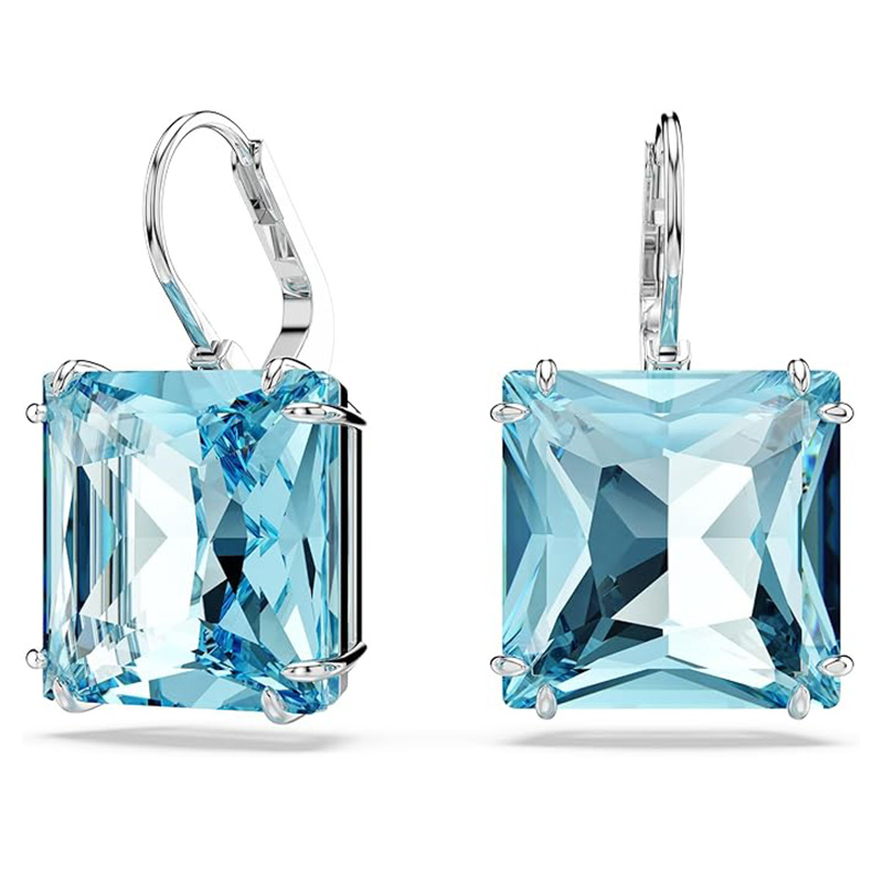 Ocean Blue Crystal Square 이어링 Swarovski Millenia 이어링, 스퀘어 컷 크리스탈, 블루, 로듐 플래팅