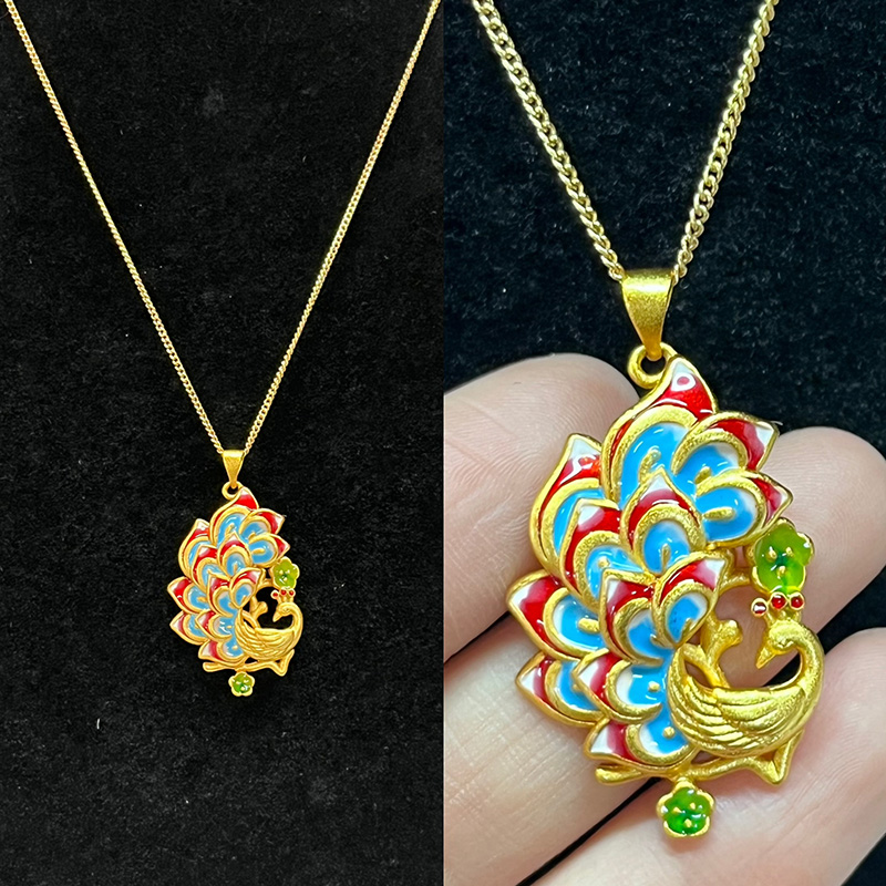 고급 Cloisonné Peacock 펜던트 목걸이 골드 도금 및 수제 에나멜 아트