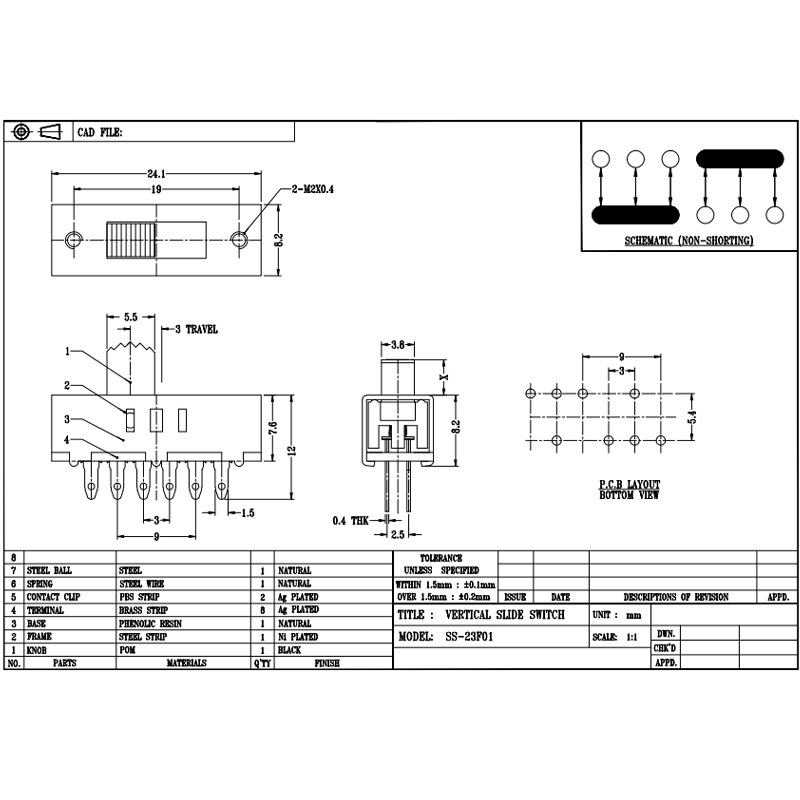 전환 스위치 SS23F10 3-LED 광색 온도 조정 및 높은 속도 슬라이딩 스위치-헤어 드라이어 모터 스피드