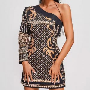 여름 자카드 니트 어깨 롱 슬리브, 구슬 슬림 드레스